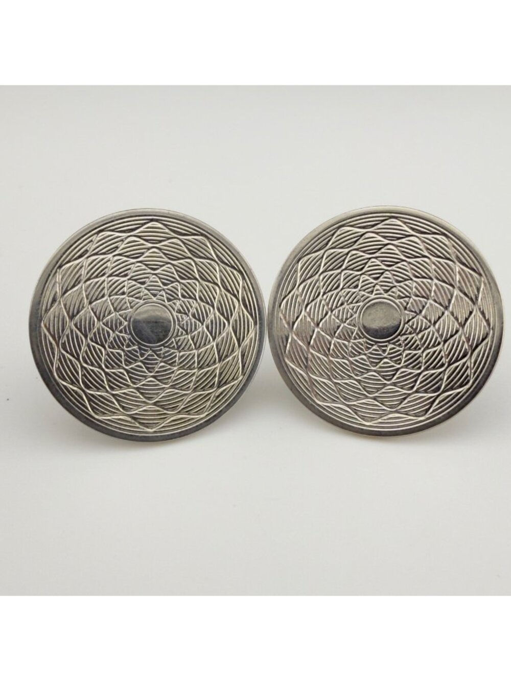 Vintage Round Silver Toned Cufflinks Geometric Pattern Design